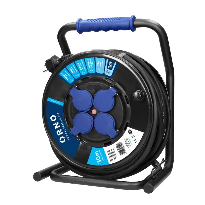 146528 - Cable reel, rubber cord, IP44, H07RNF 3x2.5mm² 40m, 4 fixed socketsORN