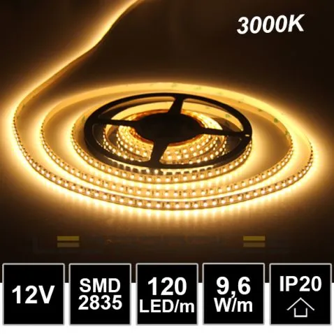 109056 - 5m LED strip 12V 9,6W SMD2835 120LED/m IP20 3000K-LDP