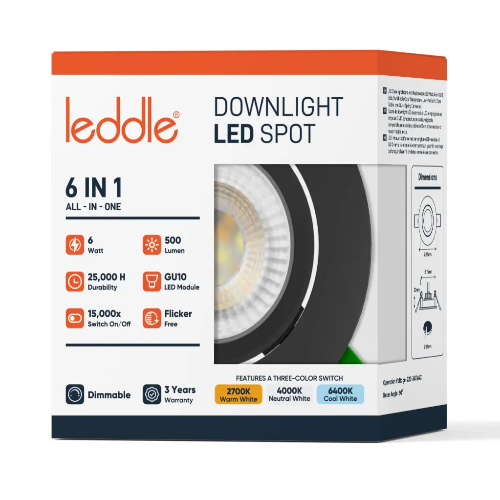160101 - Downlight with LED Module | 6W | Black | Dimmable | 6IN1 CCT | with Spring Wire Connector