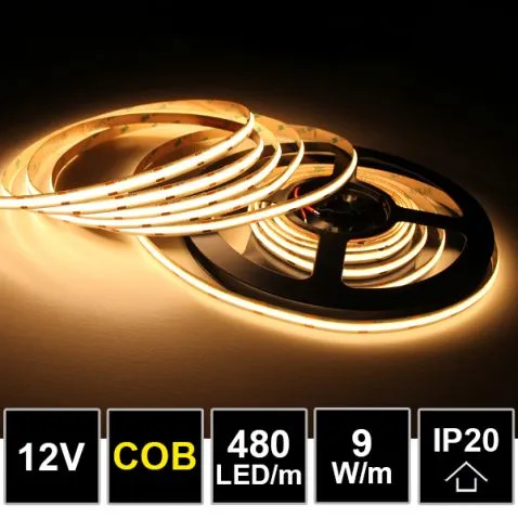 109049 - 5m COB single led strip line  , 480 chips per meter, DC 12V, 3000K, 9W/m,  IP20-LDP