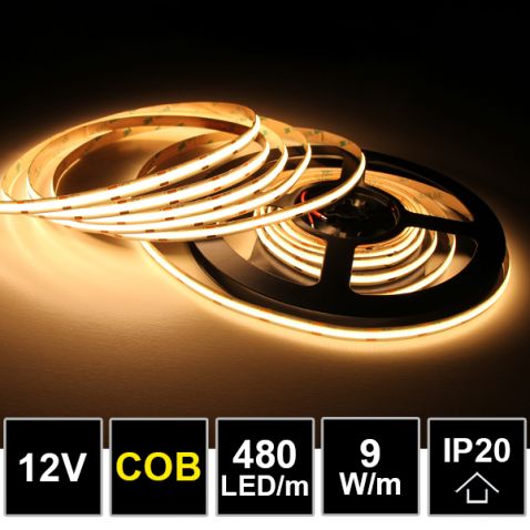 109049 - 5m COB single led strip line  , 480 chips per meter, DC 12V, 3000K, 9W/m,  IP20-LDP