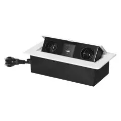 149402 - Recessed furniture socket with flat milled edge, USB charger and 1.5m cable, 2x2P+E, 2xUSB (type A+C; 3.6A), white