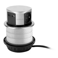 146536 - Vertical desk socket with USB charger Ø10cm, 1.5m cable, 3x2P+E (French), 2xUSB (type A+C; max. 3A), silver
