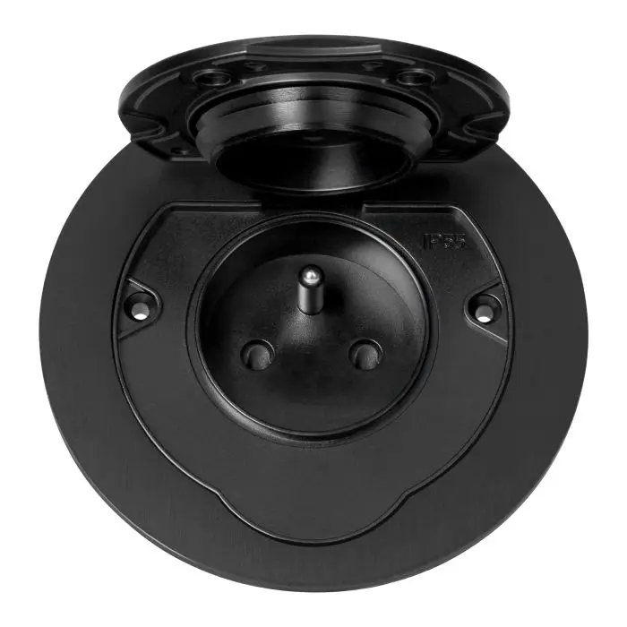 146537 - Hermetic, flushfitting socket, round, IP55, 1x2P+E(French), black