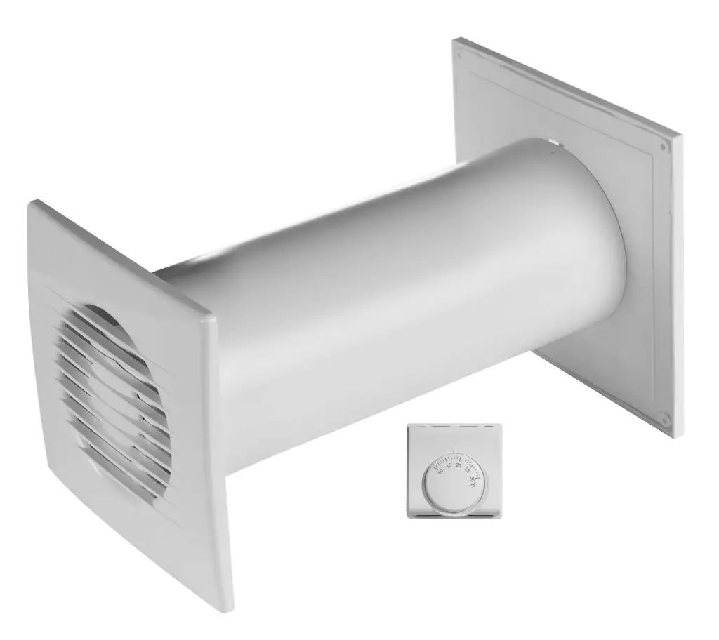 172345 - Ventilation set for transfer of heat between two rooms. Consists of fan, thermostat, grille, round duct. Ø100 white