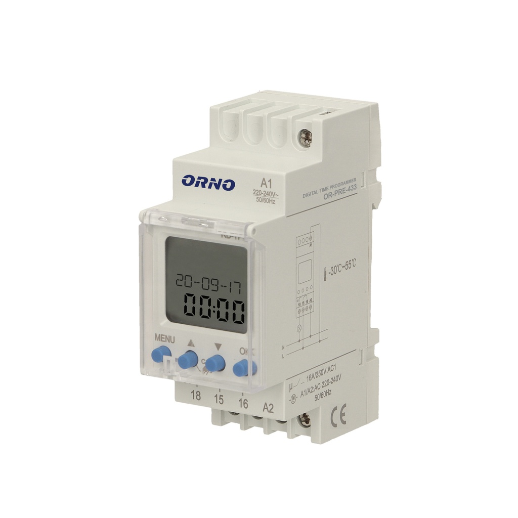 140078-DIN rail weekly digital timer 52 time programs; setting a daily, weekly or pulse cycle, automatic summer/winter time switch;-ORN