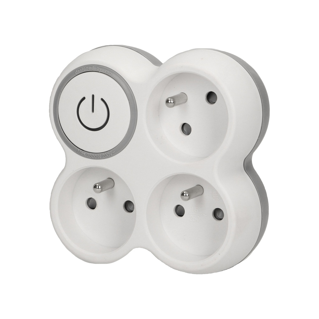 140102-Triple socket outlet with ON/OFF switch, 3x2P + Z, backlit switch, color: white, for Belgium and France-ORN