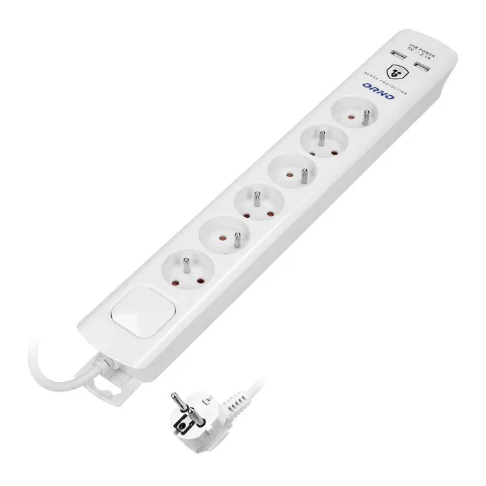 140140-Multiprise avec parasurtenseur et interrupteur principal 6 prises, 2 chargeurs USB, câble 3x1mm2, longueur 3m, consommation électrique totale de 2300W, pour la Belgique et la France -ORN