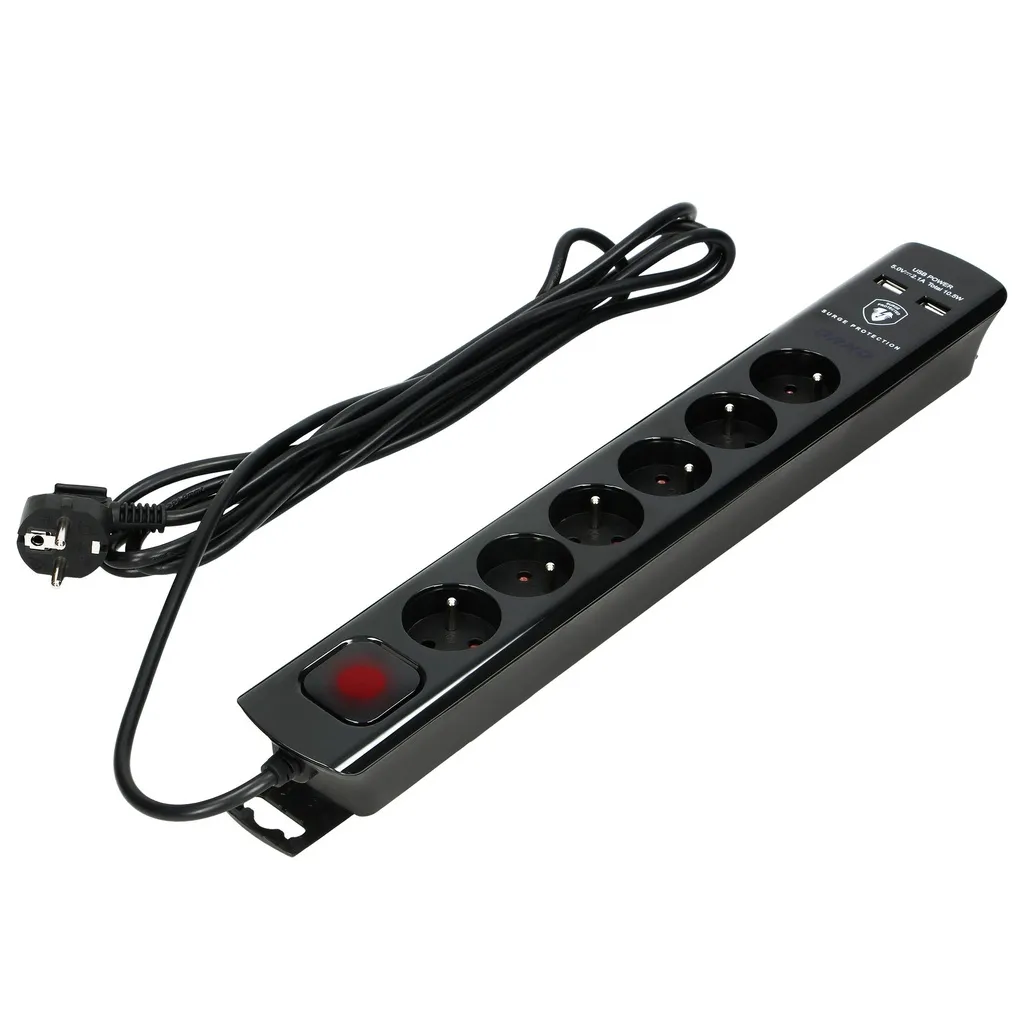 140141-Multiprise avec parasurtenseur et interrupteur principal, noir 6 prises, 2 chargeurs USB, câble 3x1mm2, longueur 3m, consommation électrique totale de 2300W, pour la Belgique et la France -ORN