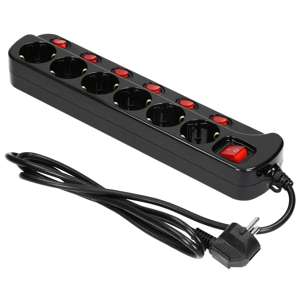 140142-Multiswitch powerstrip, schuko sockets, black with independent ON/OFF switches for 6 schuko sockets , cable 3x1,5mm2, 1.5m long, total power consumption of 3680W, for Netherlands and Germany -ORN