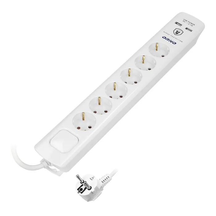 140143-Multiprise avec protection contre les surtensions et interrupteur principal, schuko 6 prises schuko, 2 chargeurs USB, câble 3x1,5mm2, 3m de long, consommation électrique totale de 3680W, pour les Pays-Bas et l'Allemagne -ORN
