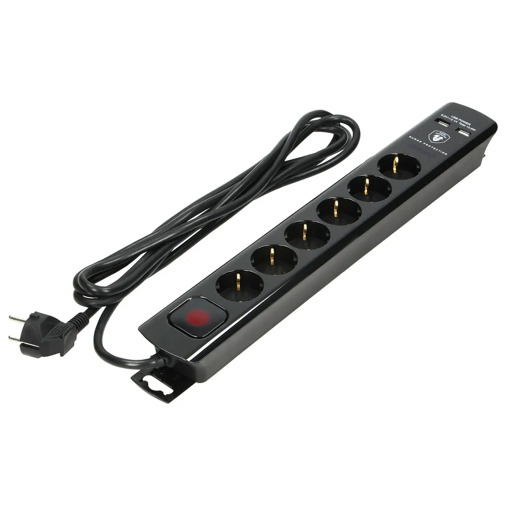 140144-Multiprise avec protection contre les surtensions et interrupteur principal, schuko, noir 6 prises schuko, 2 chargeurs USB, câble 3x1,5mm2, 3m de long, consommation électrique totale de 3680W, pour les Pays-Bas et l'Allemagne -ORN
