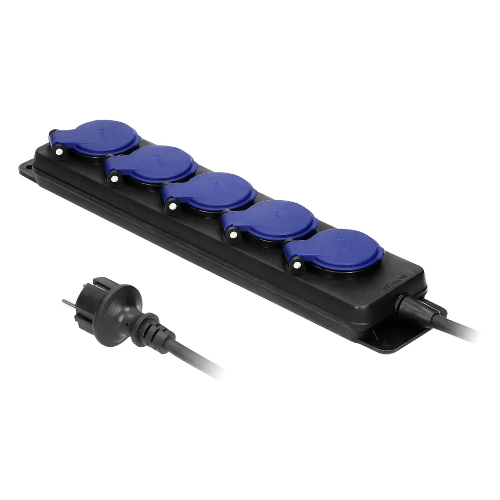 140169-Heavy-duty, splash-proof extension sockets, 5m with rubber cord, 5 sockets 2P+E, IP44, H05RR-F 3x1.5mm2-ORN