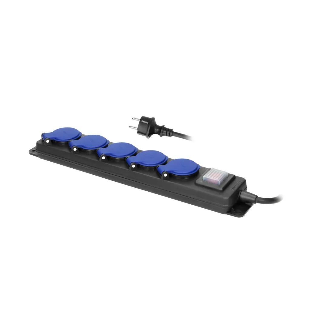 140171-Heavy-duty, splash-proof extension sockets, 3m with central switch and rubber cord, 5 sockets 2P+E, IP44, H05RR-F 3x1.5mm2-ORN