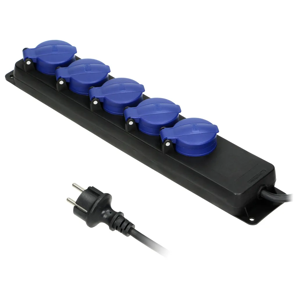 140180-Heavy-duty, splash-proof extension sockets, 3m, schuko with rubber cord, 5 sockets 2P+E, IP44, H05RR-F 3x1.5mm2-ORN