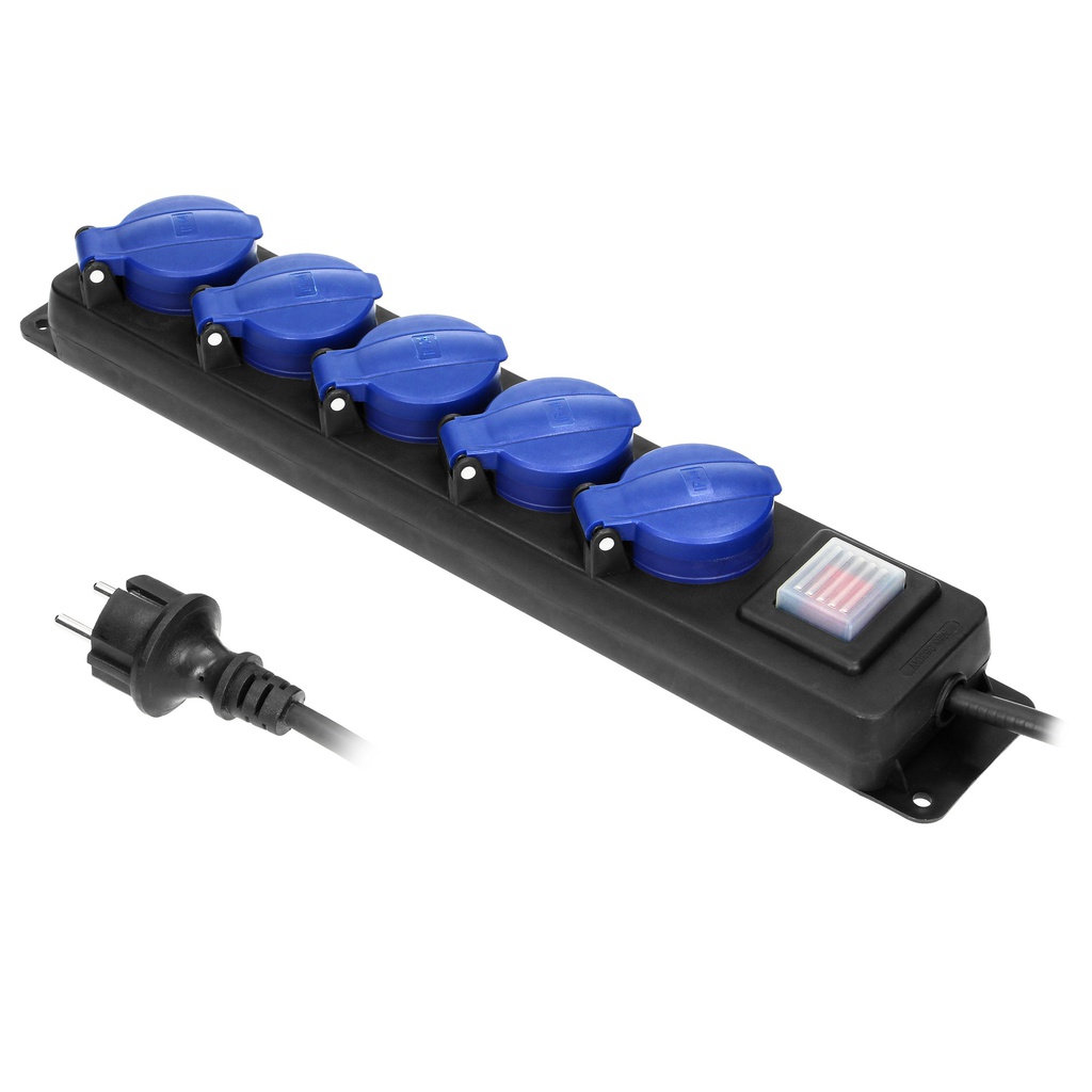 140182-Havy-duty, splash-proof extension sockets, 5m, schuko rubber cord, IP44, H05RR-F 3x1.5mm2 - 5m, equipped with a hook that serves for hanging it in a safe place-ORN