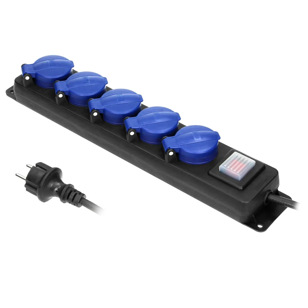 140183-Heavy-duty, splash-proof extension sockets, 3m, schuko with central switch and rubber cord, 5 sockets 2P+E, IP44, H05RR-F 3x1.5mm2-ORN