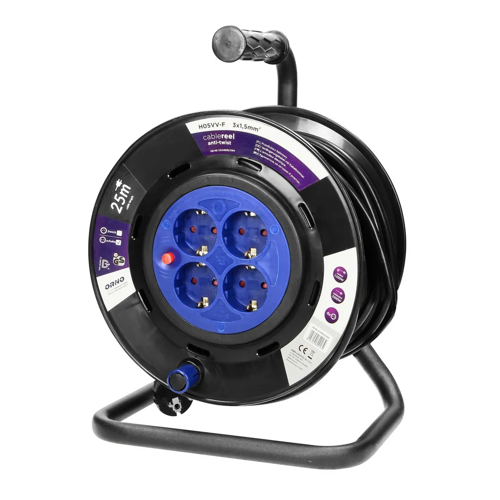 140186-Cable reel with 4 fixed sockets, 25m, schuko PVC, H05VV-F 3x1.5mm2 - 25m, with an  anti-twist system, overload protection, a rubber carrying grip, a rotary drum winding handle, reel rotation lock and an insulated IP 44 plug-ORN