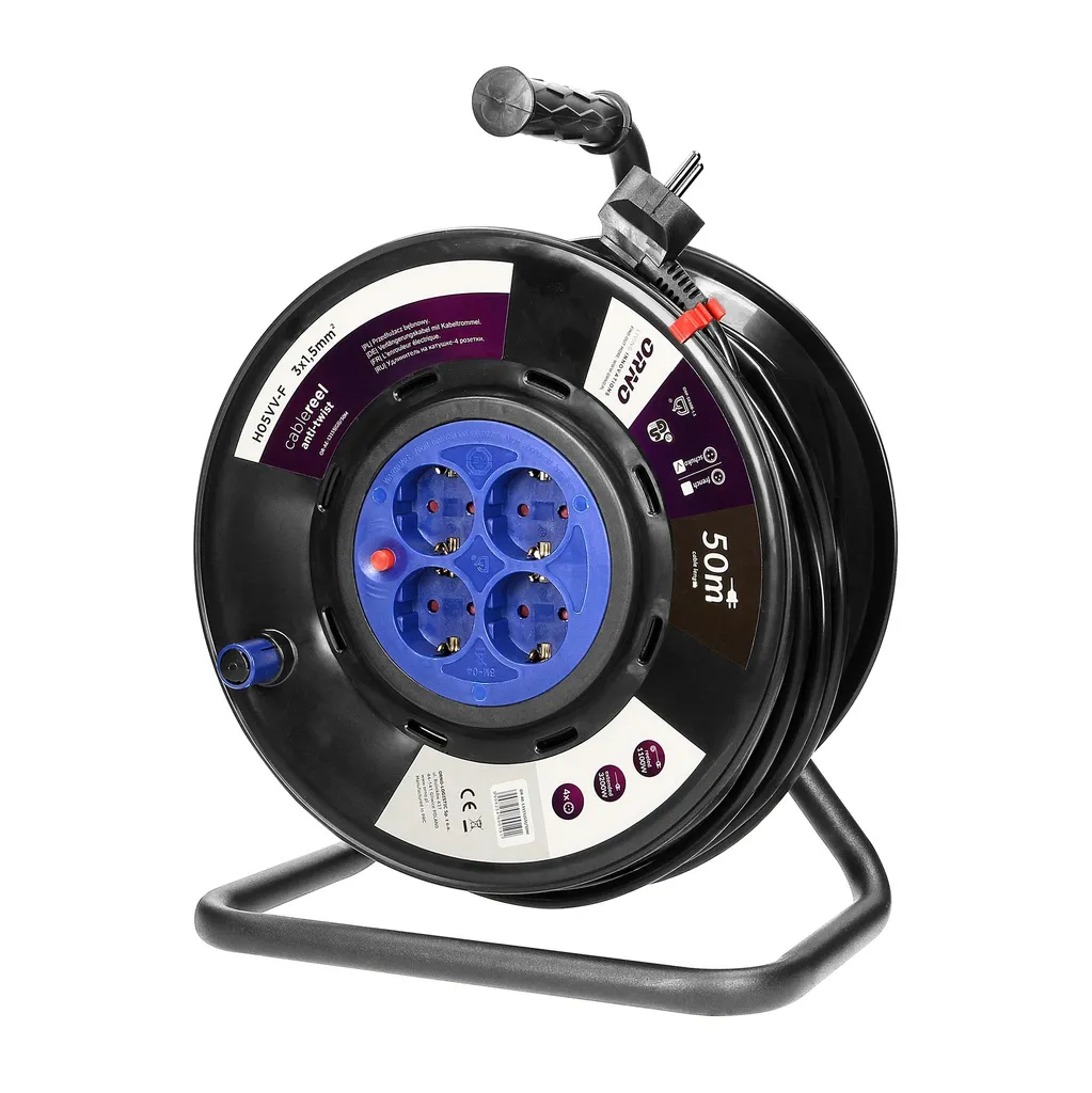 140187-Cable reel with 4 fixed sockets, 50m, schuko PVC, H05VV-F 3x1.5mm2 - 50m, with an  anti-twist system, overload protection, a rubber carrying grip, a rotary drum winding handle, reel rotation lock and an insulated IP 44 plug-ORN