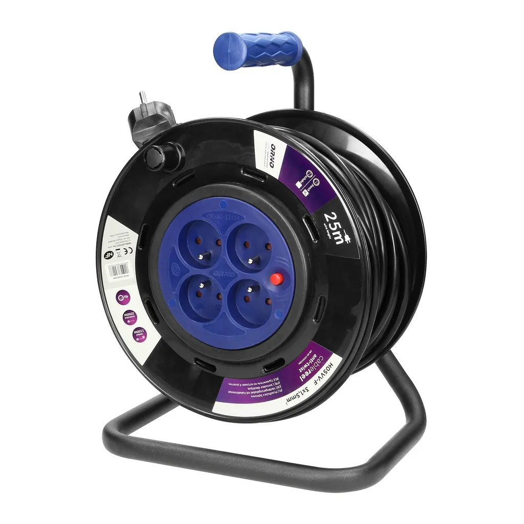 140192-Cable reel with 4 fixed sockets, 25m PVC, H05VV-F 3x1.5mm2 - 25m, with an  anti-twist system, overload protection, a rubber carrying grip, a rotary drum winding handle, reel rotation lock and an insulated IP 44 plug-ORN