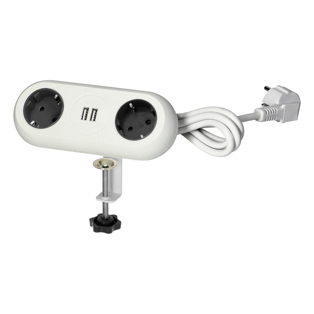 140199-Desktop extension socket with USB chargers and clamp holders, white, schuko 2x2P+Z, 2xUSB (5VDC, 2,4A) cable 1,4m (3x1,5mm2)-ORN