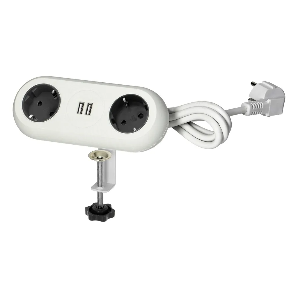 140199-Desktop extension socket with USB chargers and clamp holders, white, schuko 2x2P+Z, 2xUSB (5VDC, 2,4A) cable 1,4m (3x1,5mm2)-ORN