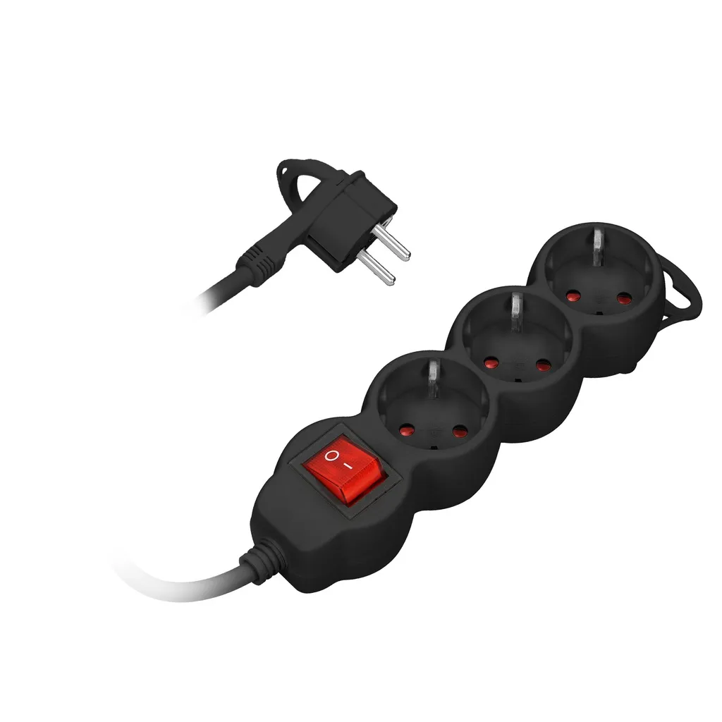 140272-Extension sockets 3x 2P+Z with a switch, 3m, schuko H05VV-F 3x1.0mm2, Imax=10A, black-ORN