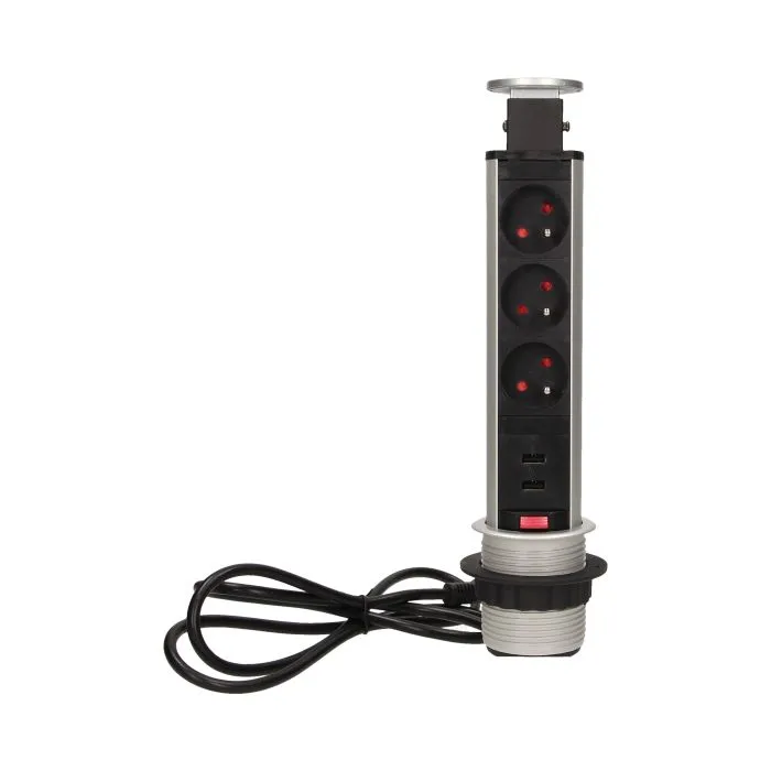140315- Prise de bureau escamotable ⌀6cm avec chargeurs USB et câble de 1,8m, pour la Belgique et la France -ORN