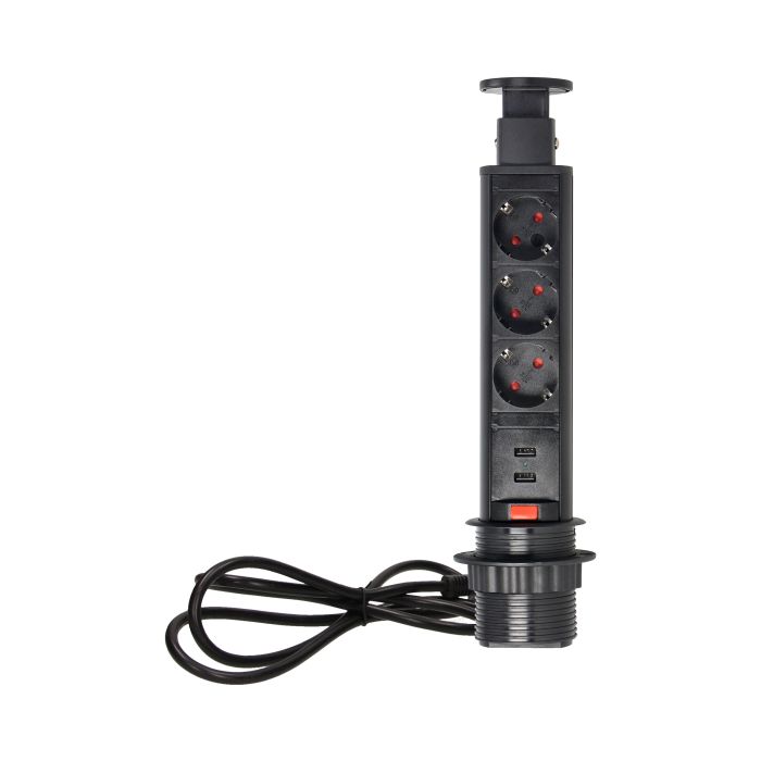 140316- Pop up Ø6cm desk socket with USB charger, 1.8m cable and locking system, 3x2P+E, black, for Belgium and France-ORN