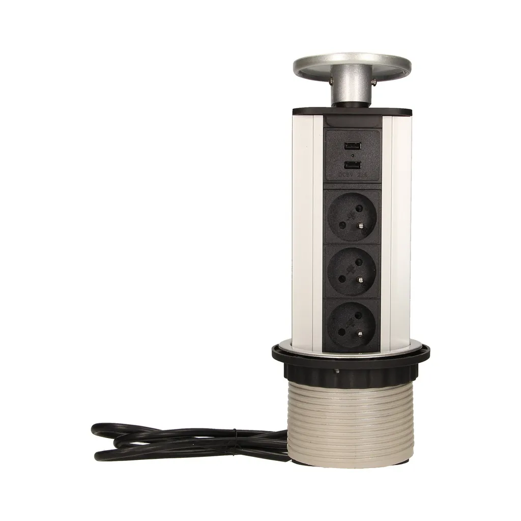 140318- Prise de bureau escamotable ⌀10cm avec chargeurs USB et câble 1,8m, pour Belgique et France-ORN