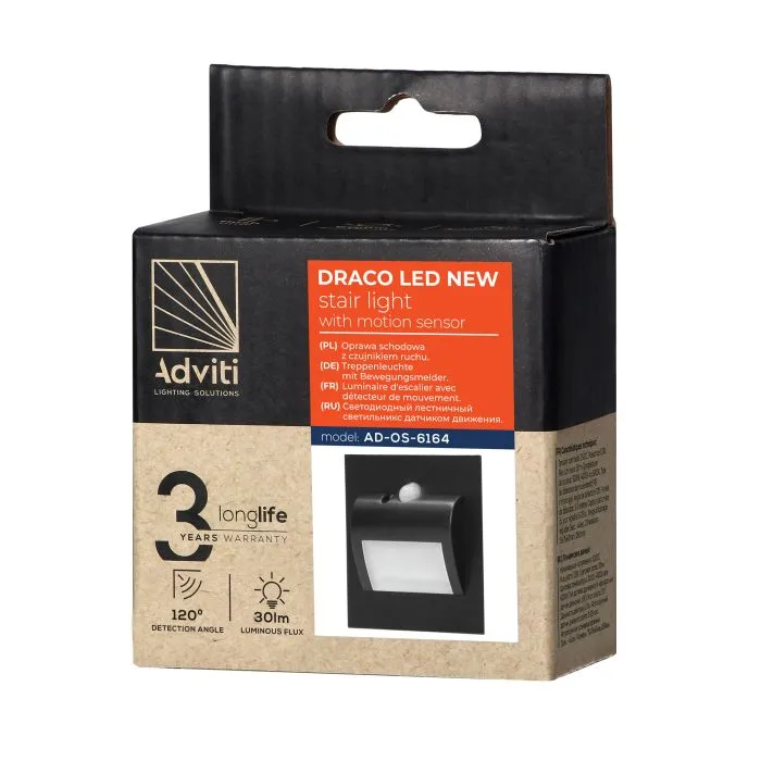 [ORNAD-OS-6164LR6/B] 140293-DRACO LED NEW 1.5W, éclairage de marche encastré, 12VDC, 30lm, 6000K, noir, détecteur de mouvement et crépusculaire-ORN