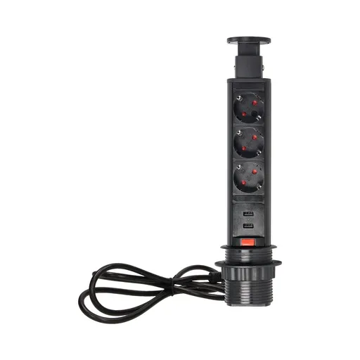 [ORNOR-AE-1349(GS)/B] 140319- Prise de bureau Pop up Ø6cm avec chargeur USB, câble de 1,8m et système de verrouillage, 3x2P+T (Schuko), noir, pour Pays-Bas et Allemagne-ORN