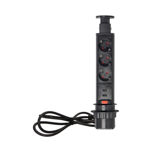 [ORNOR-AE-1349(GS)/B] 140319- Prise de bureau Pop up Ø6cm avec chargeur USB, câble de 1,8m et système de verrouillage, 3x2P+T (Schuko), noir, pour Pays-Bas et Allemagne-ORN