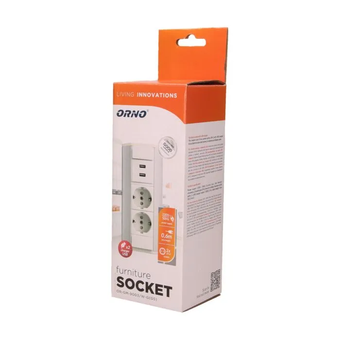 [ORNOR-GM-9003/W-G(GS)] 140321- Prise de meuble avec chargeur USB, blanc argenté, schuko, pour les Pays-Bas et l'Allemagne -ORN