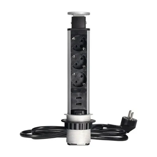 [ORNOR-AE-1349(GS)] 140375- Prise de bureau Pop up Ø6cm avec chargeur USB, câble de 1,8m et système de verrouillage, 3x2P+T (Schuko), pour Pays-Bas et Allemagne, Blanc - ORN