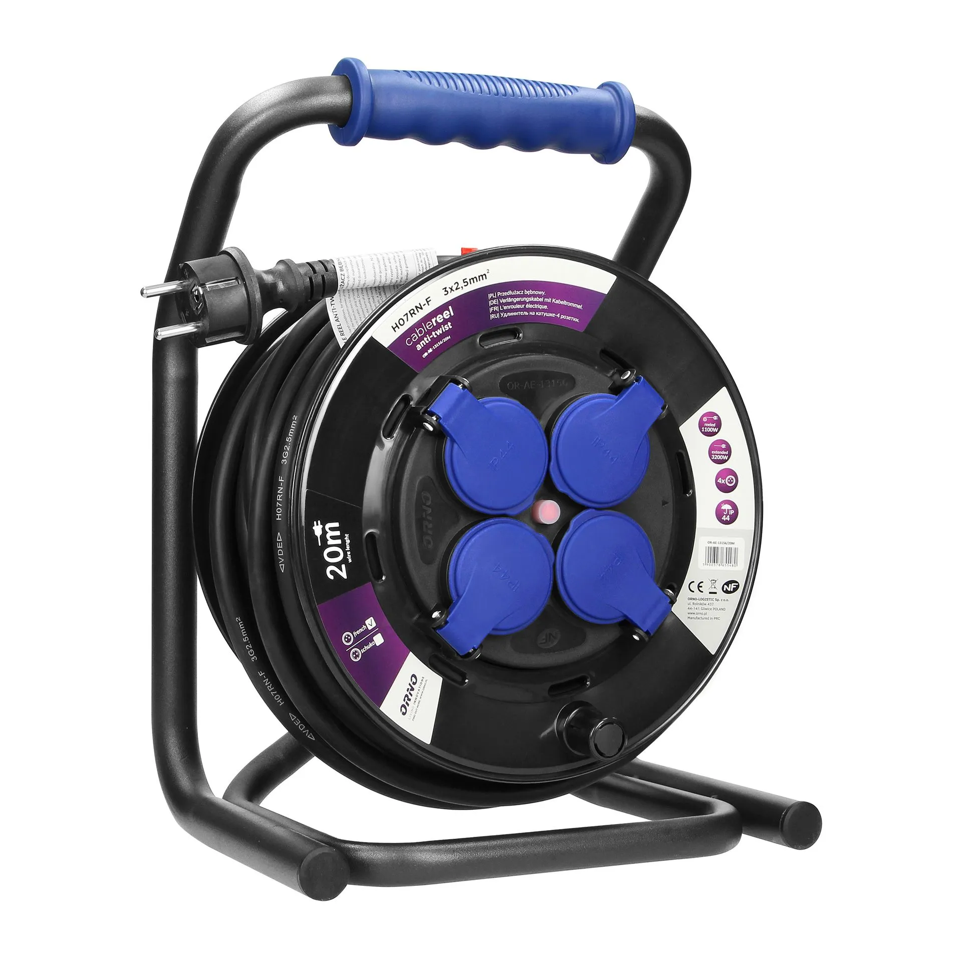 [ORNOR-AE-13156/20M] 140516-Cable reel, rubber cord, IP44, H07RN-F 3x2.5mm² - 20m, 4 fixed sockets-ORN