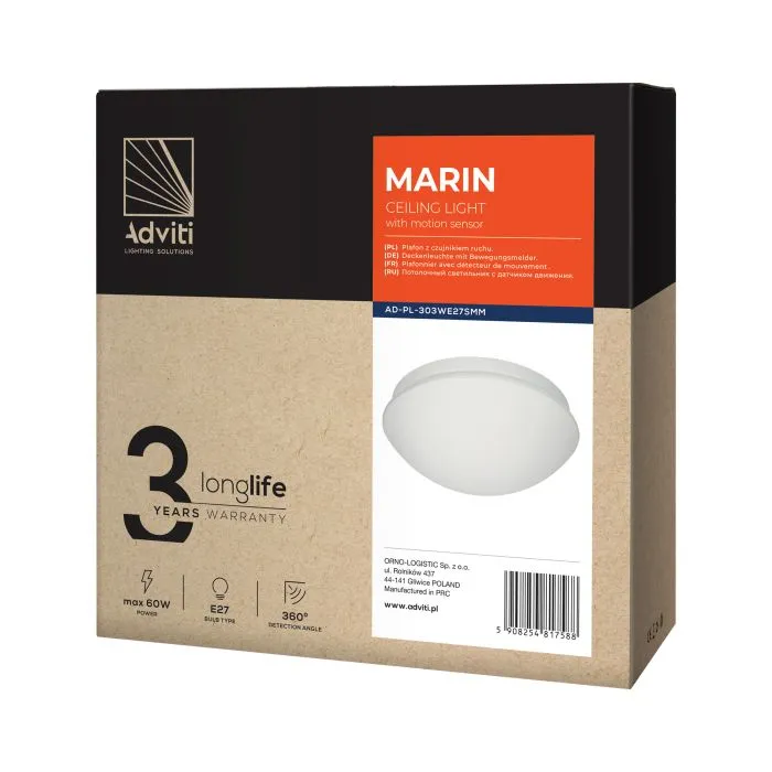 [ORNAD-PL-303WE27SMM] 140387- MARIN, plafonnier avec détecteur de mouvement micro-onde, 60W, E27, IP20, verre mat