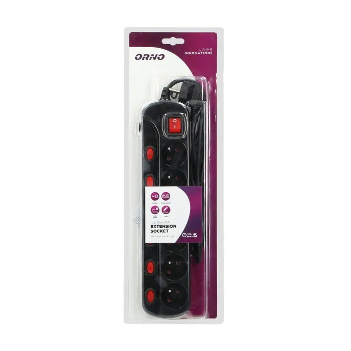 [ORNOR-AE-13162/B/1,5M] 140400-Bloc multiprise 6 prises 2P+E, câble 3x1mm², longueur 1,5m. Interrupteur de protection thermique, 10A/230 VAC, noir