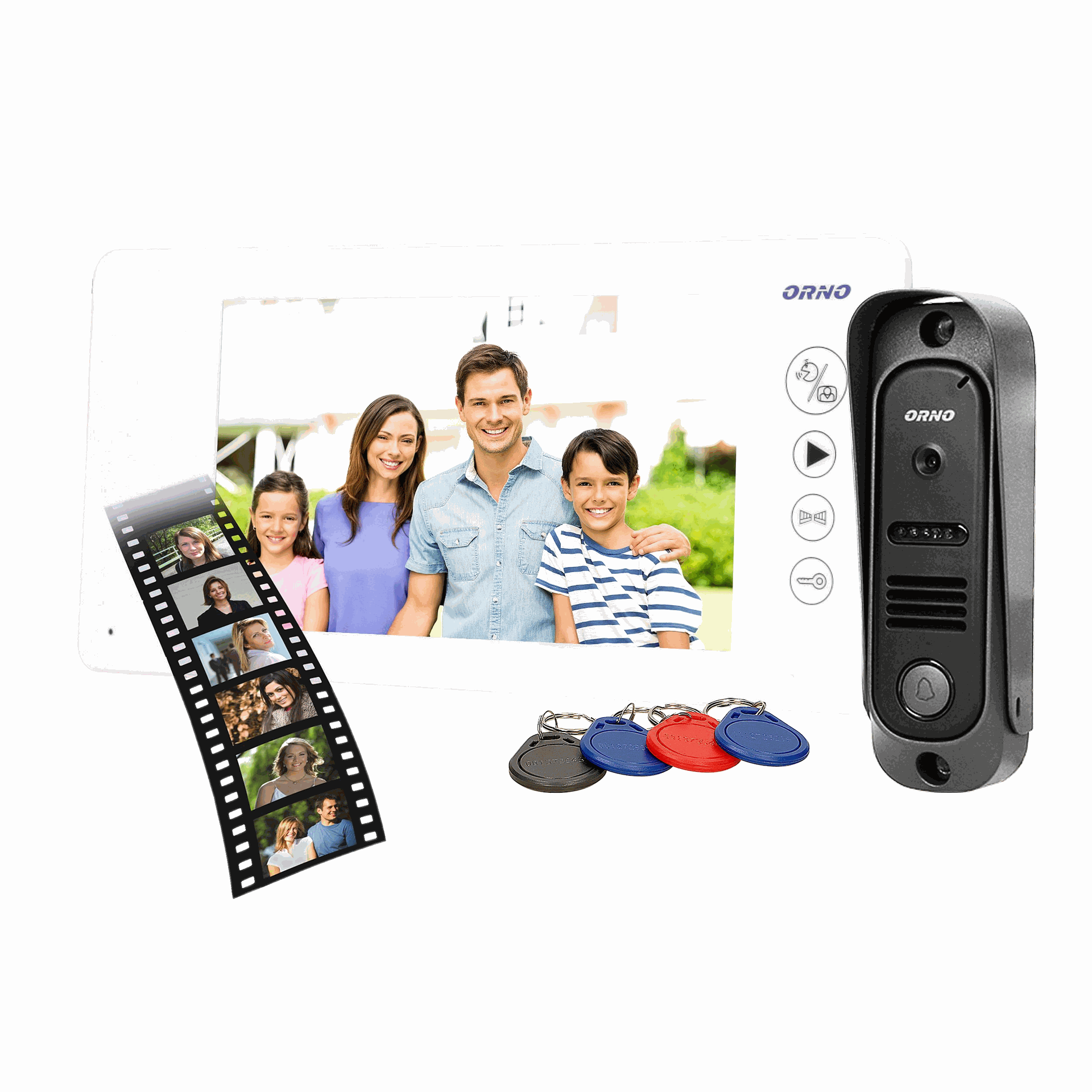 140572 - ARCUS RFID, 7˝ single family video doorphone, white  9 selectable ringtones, a touch panel with backlit buttons and an additional gate control function, it supports two inputs (the possibility of connecting two video cameras)