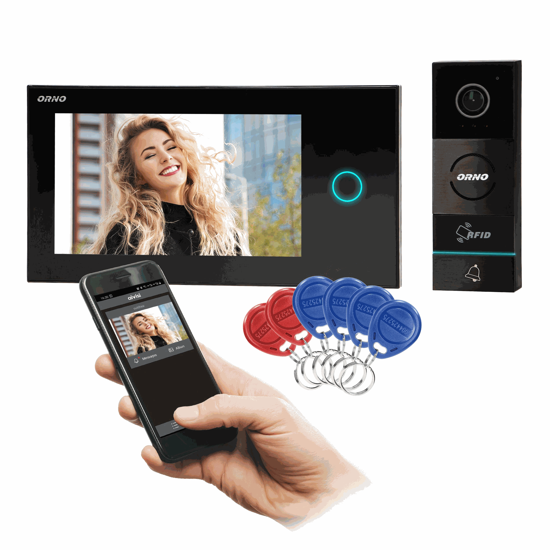140579 - APPOS 7" single family video doorphone set, black set is equipped with multicolor LCD 7" monitor, RFID reader, gate opening function, compatible with smartphone app