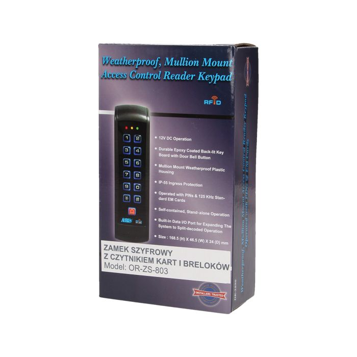 [ORNOR-ZS-803] 140606 - Code lock with card and proximity tags reader, IP55 nominal supply: 12V/DC; 15-15VDC (direct current); power consumption:  from 60 mA (stationary) to 95mA (with two relays)