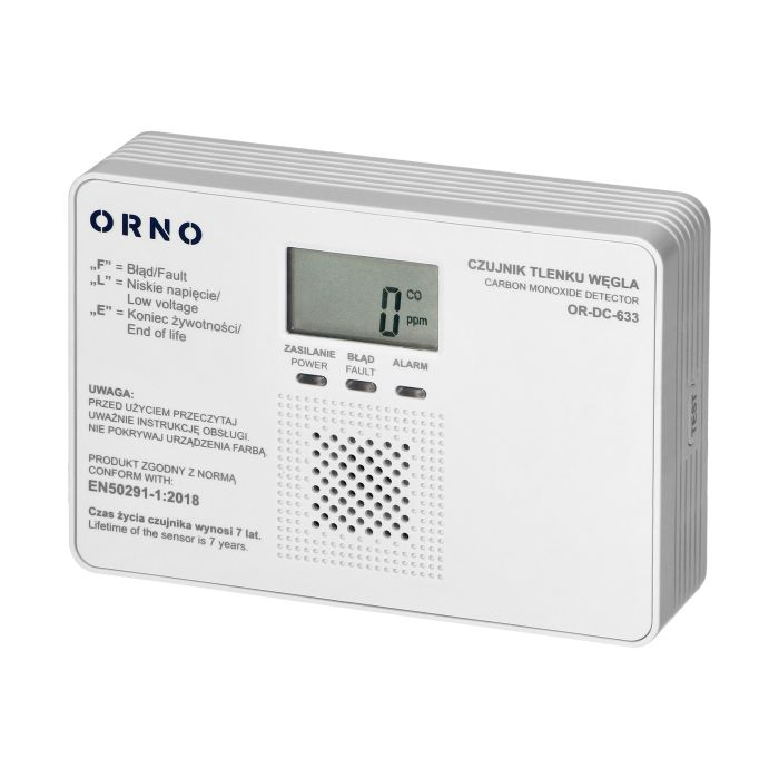 [ORNOR-DC-633-TEST] 141347- Battery-operated carbon monoxide sensor, 9V, 7-year service life, compliance with the EN 50291-1: 2018 standard, tested in Poland