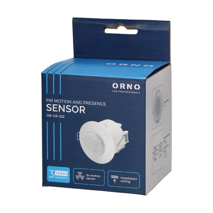 [ORNOR-CR-222] 149123 - Flush mounted PIR motion sensor 360° with 3 detectors protection rating IP20; detection range 360°, 6m; works with LEDs