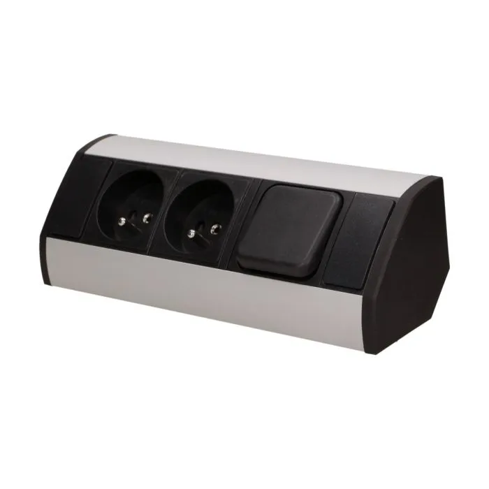 [ORNOR-GM-9002/B-G] 146565 - Furniture socket with switch, silverblack A set of three network sockets with grounding and current circuit's diaphragms with a switch, ideal for mounting in cabinets, display cases and display cabinets.