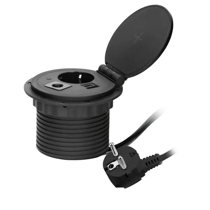 [ORNOR-GM-9015(GS)/B] 141160 - Recessed desk socket, black, Schuko Ø8cm with induction charger, 2 USB ports (A, C) for quick charging and 1.8m cable with cable gland, 2,4A 5V
