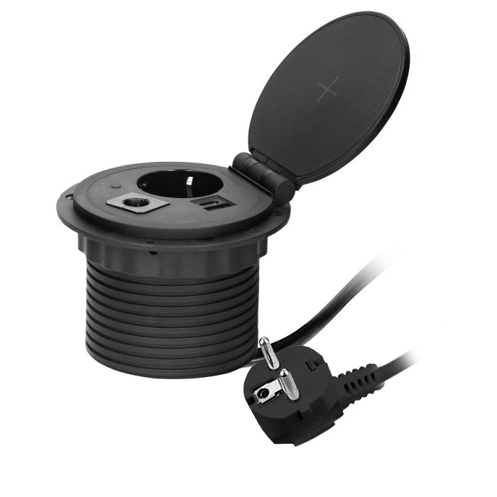 [ORNOR-GM-9015(GS)/B] 141160 - Recessed desk socket, black, Schuko Ø8cm with induction charger, 2 USB ports (A, C) for quick charging and 1.8m cable with cable gland, 2,4A 5V