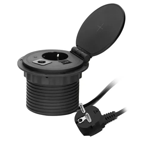[ORNOR-GM-9015(GS)/B] 141160 - Recessed desk socket, black, Schuko Ø8cm with induction charger, 2 USB ports (A, C) for quick charging and 1.8m cable with cable gland, 2,4A 5V