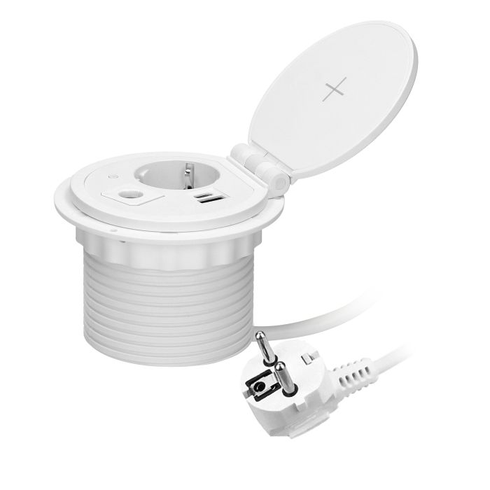 [ORNOR-GM-9015(GS)/W] 141159 - Recessed desk socket, white, Schuko Ø8cm with induction charger, 2 USB ports (A, C) for quick charging and 1.8m cable with cable gland, 2,4A 5V
