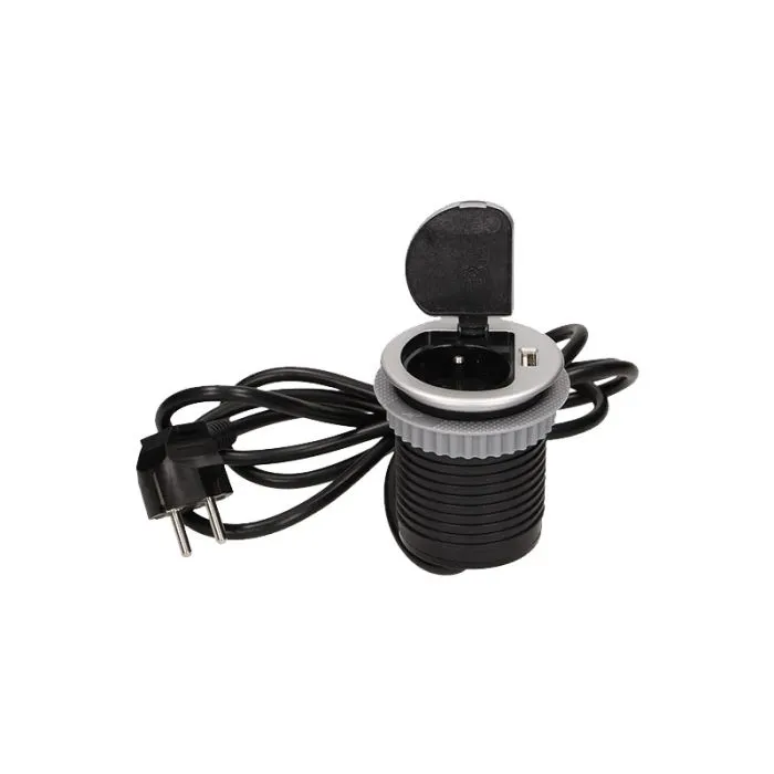 [ORNOR-AE-1373(GS)] 141155 - Flush-fitting furniture socket with USB charger and 1.8m cable, Schuko 230V AC, 1x16A, 230V AC, 5V DC/2,1A, 3680W, IP20