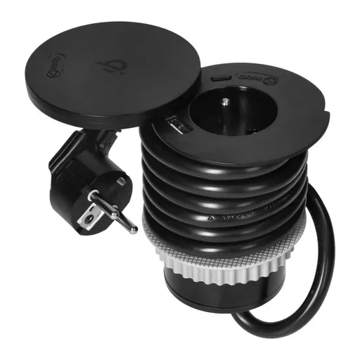 [ORNOR-GM-9028] 149468 - Furniture socket Ø6cm with rotative cover, induction charger, USB charger and 1.5m cable, 1x2P+E, Qi 1.2.4 max. 10W, 2xUSB (type A and C, 2.4A), black